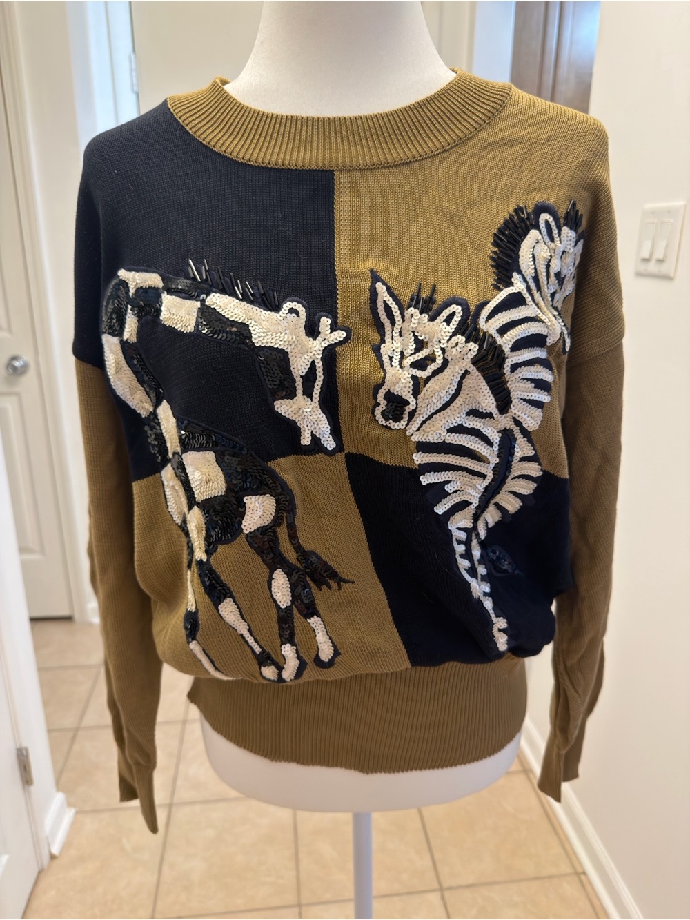 Vintage Escada Olive and Black Zebra Embroidered Crewneck Sweater